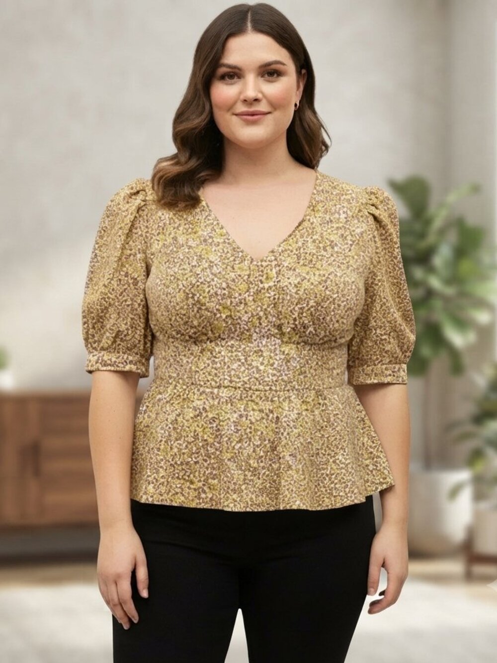 J.Crew Yellow Floral Puff-Sleeve Peplum Blouse - Size 16 - Cottagecore